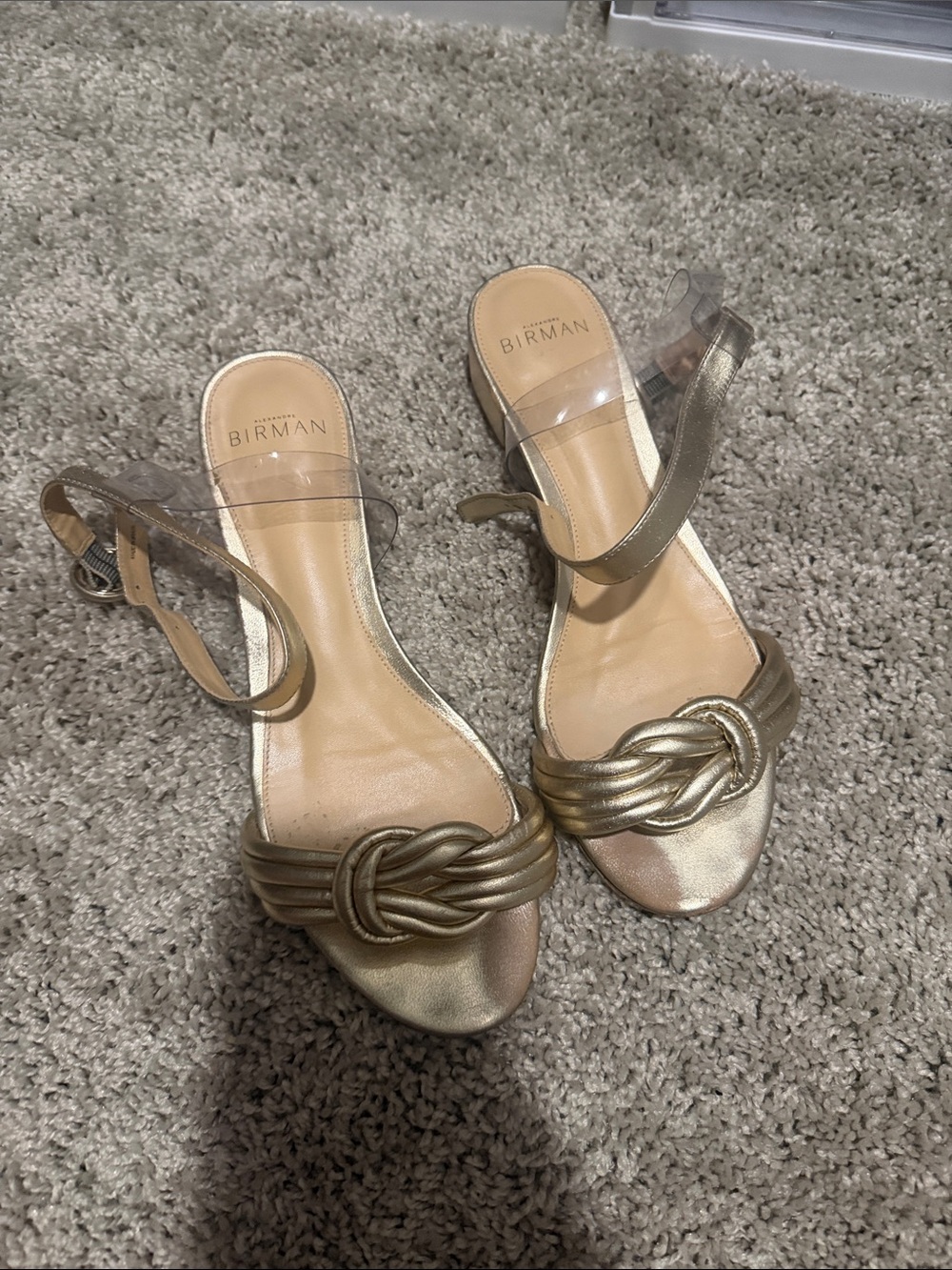 Alexandre Birman Metallic Gold Knotted Leather Heels with Clear Ankle Strap